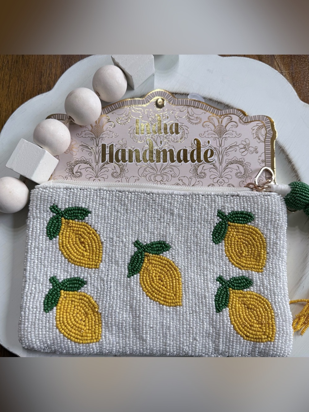 Handmade White Beaded Lemon Clutch Wristlet